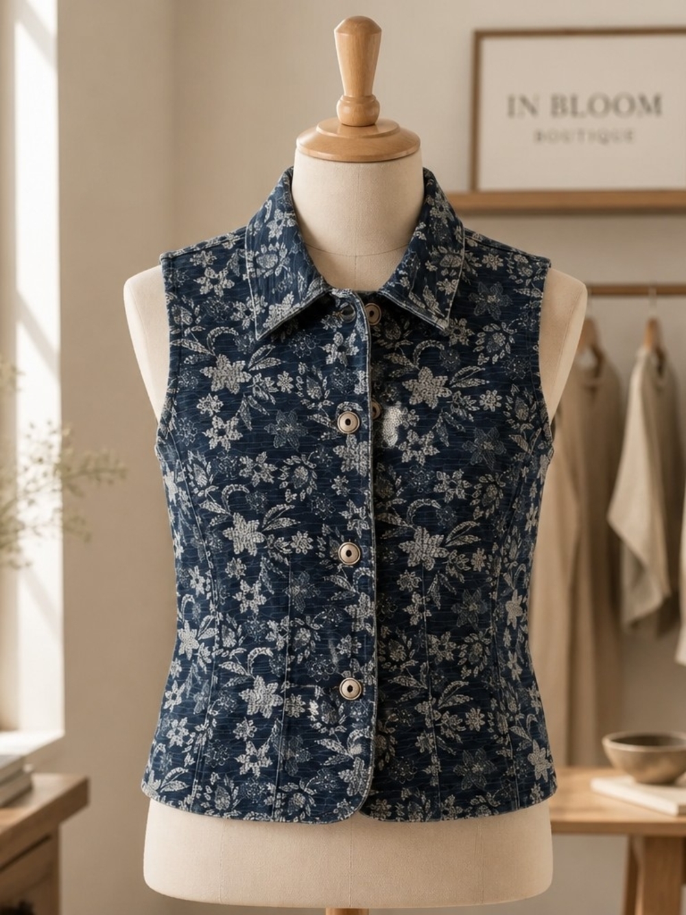 Sleeveless Floral Button-Front Vest - Navy